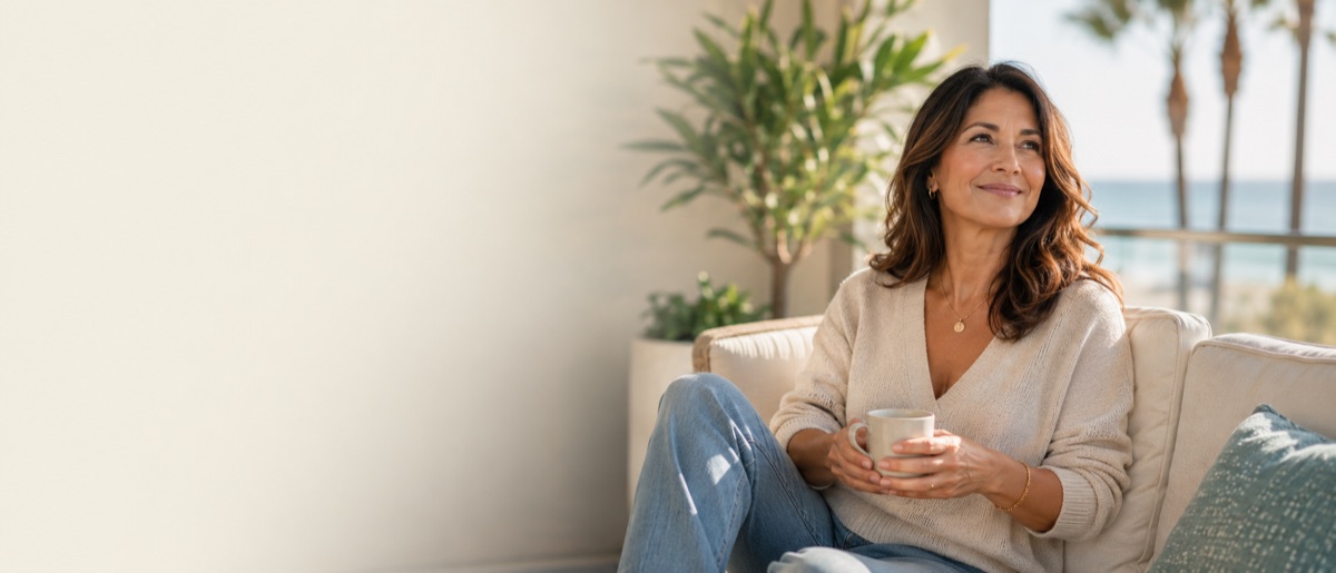 A woman in a calm, serene coastal setting in soft daylight