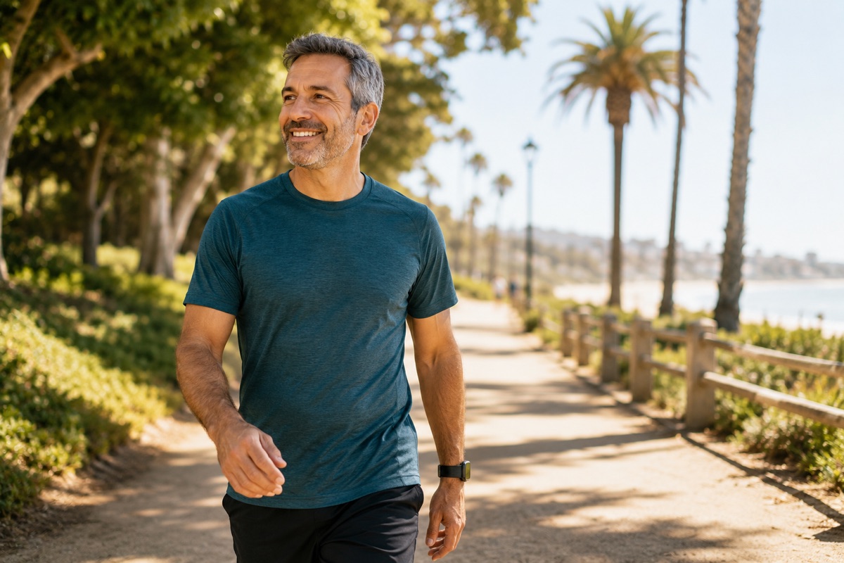 A man walking confidently on a sunny Southern California coastal path
