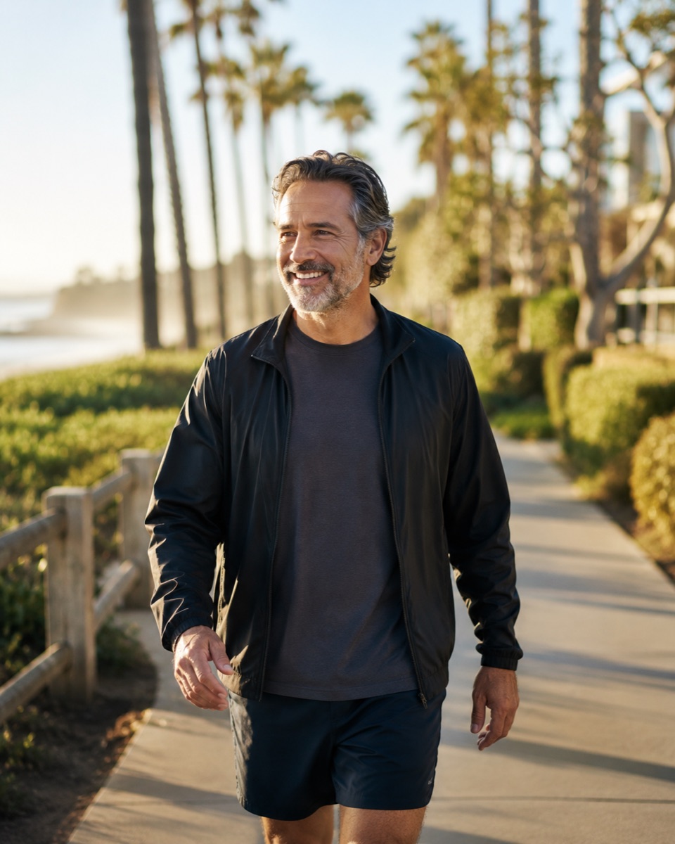 A person walking calmly on a sunny Southern California coastal path