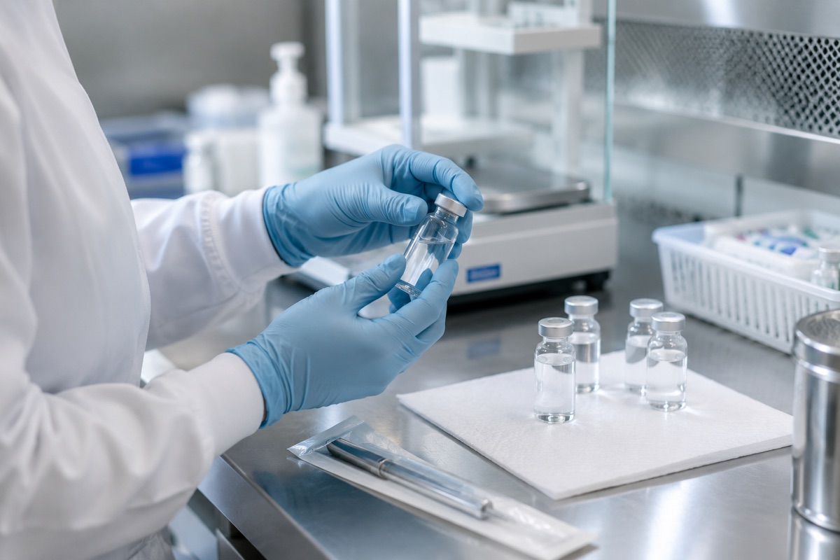 A pharmacy technician preparing medication vials in a sterile lab