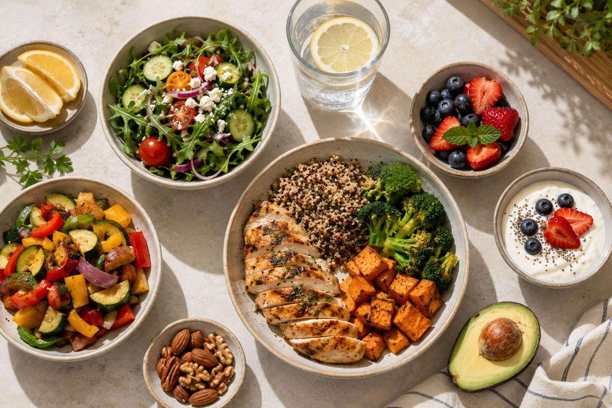 A balanced, protein-forward healthy meal plated on a table