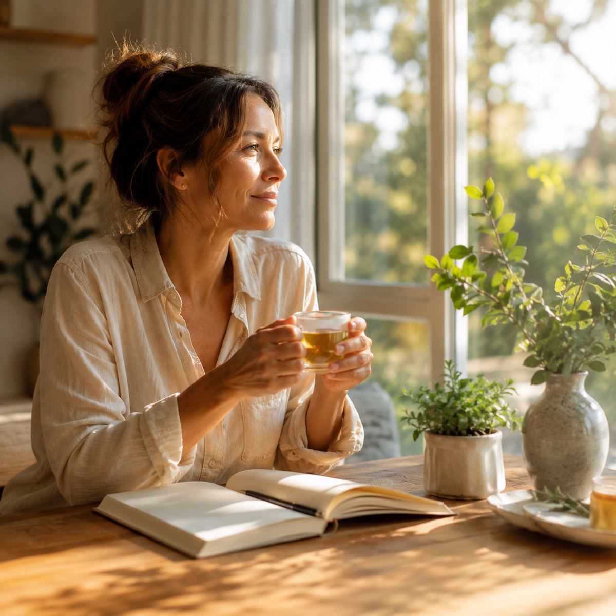 A person in a calm, reflective moment in soft natural sunlight