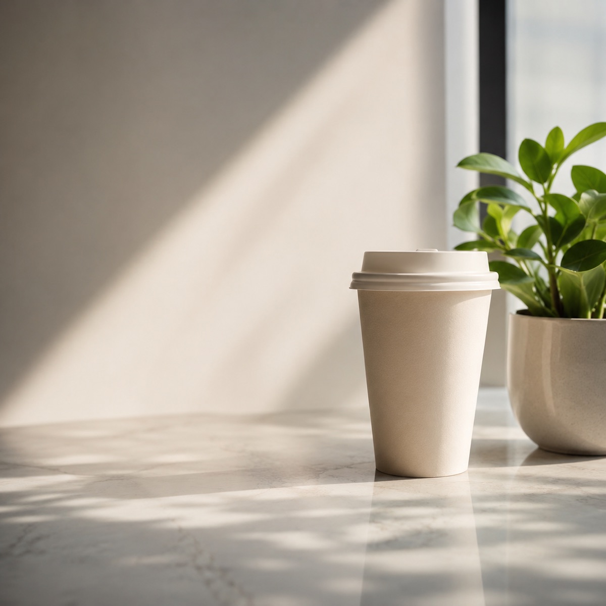 A minimalist still life with a plant and a cup in natural light