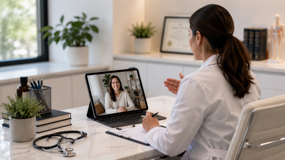 A clinician reviewing a patient health history during a telehealth visit