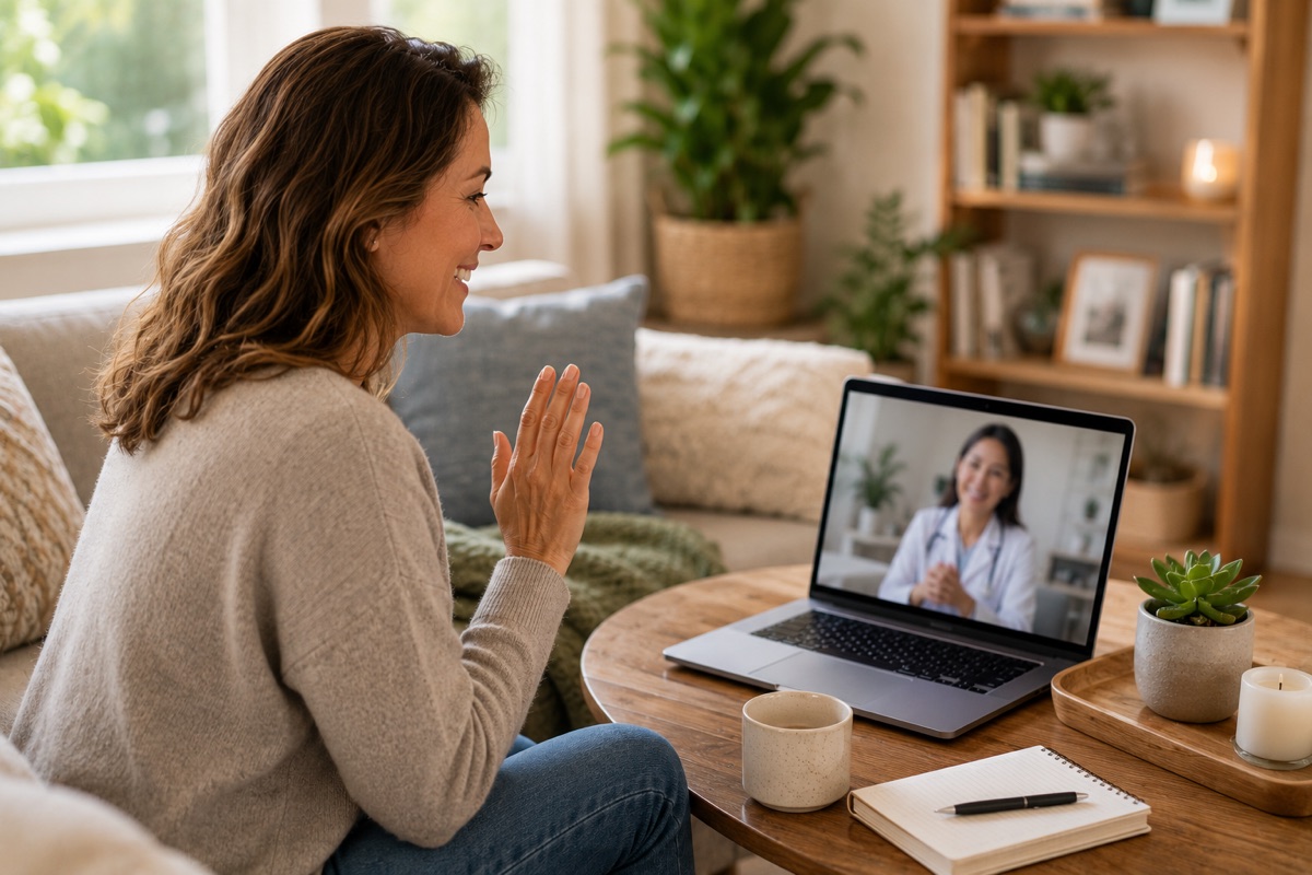 A patient on a telehealth weight-loss visit from a cozy living room