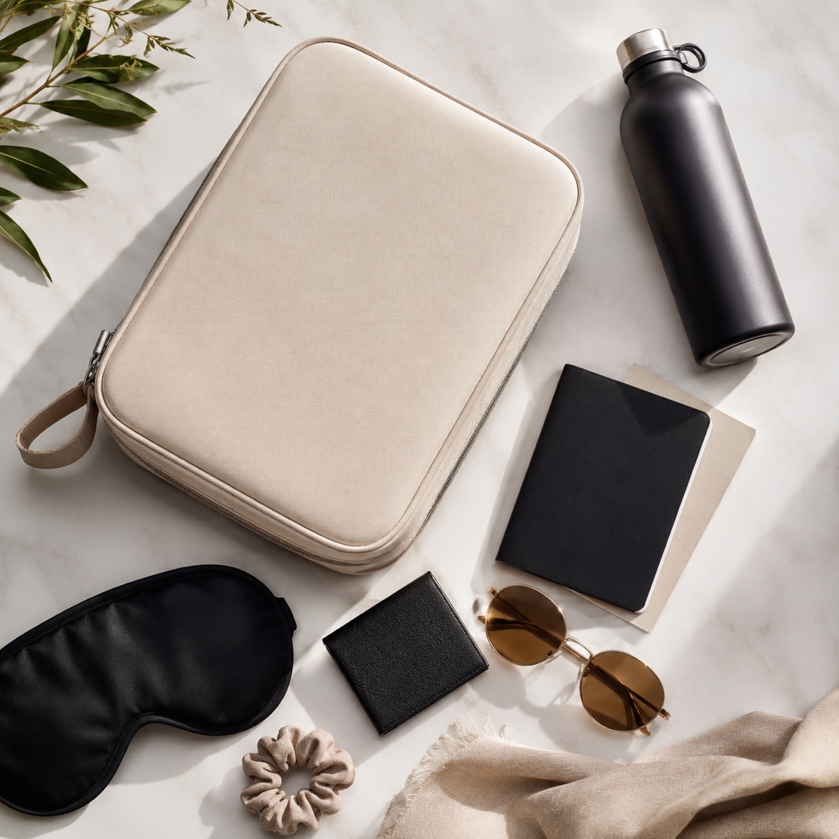 Travel essentials and a water bottle laid out neatly, ready for a trip